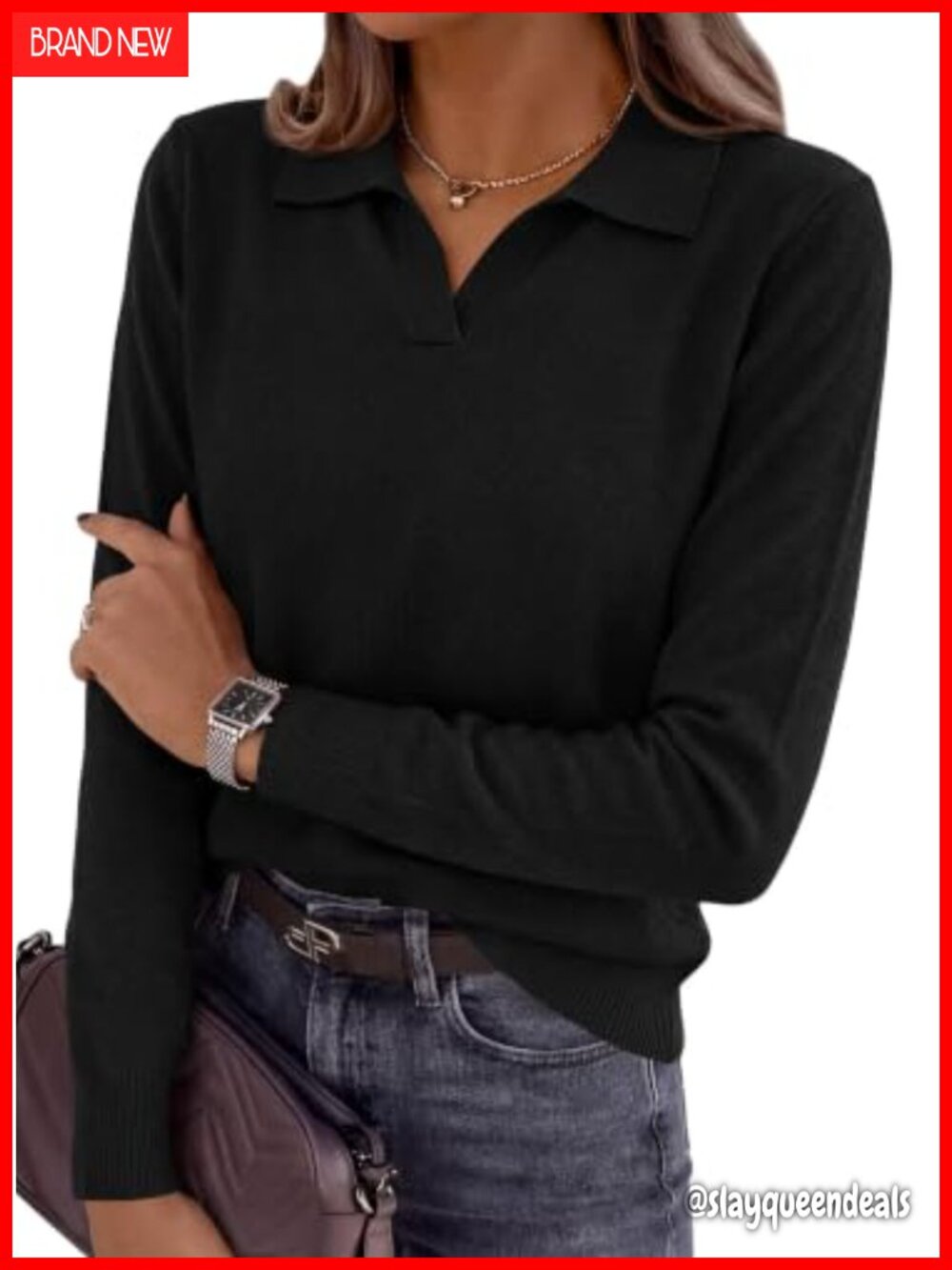 Womens Long Sleeve Collared Polo Sweater Loose Knit V Neck Pullover